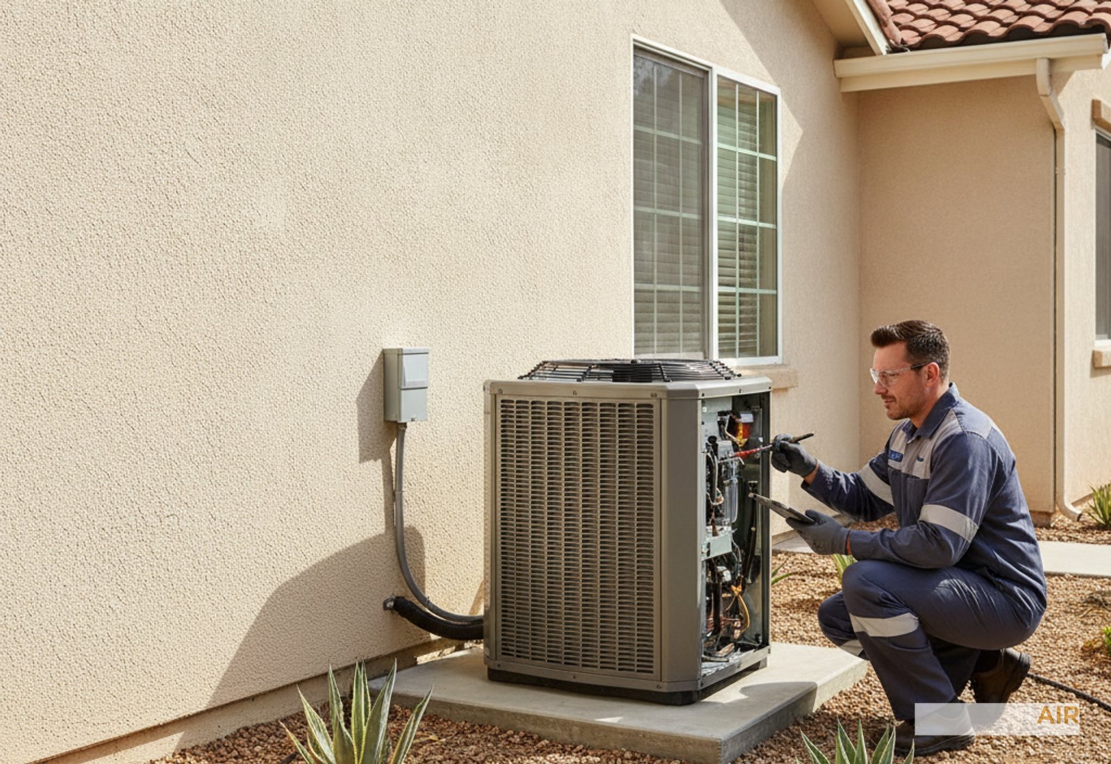 Hybrid Air technician servicing a high-efficiency AC condenser at a Southern California home